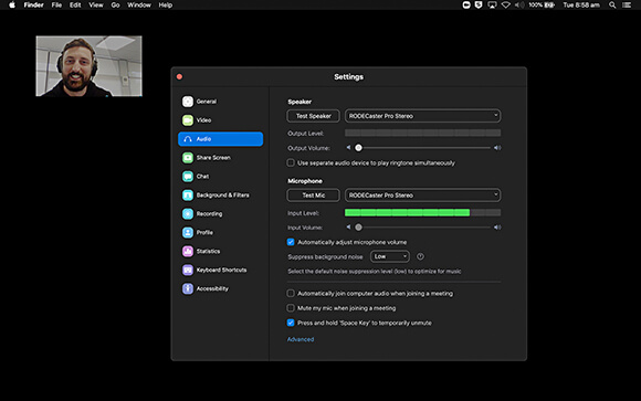 Zoom settings with facecam and RØDECaster Pro Stereo selected for Speaker and Microphone