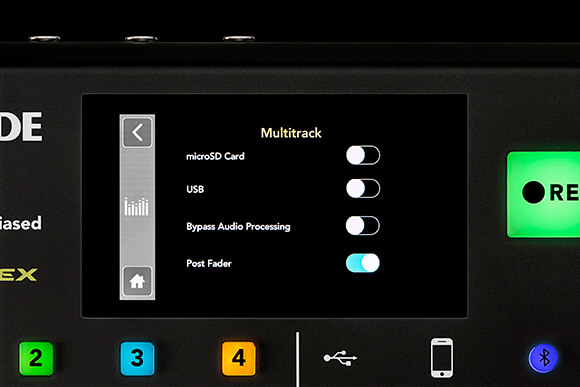 RØDECaster Pro Multitrack menu with Post Fader enabled