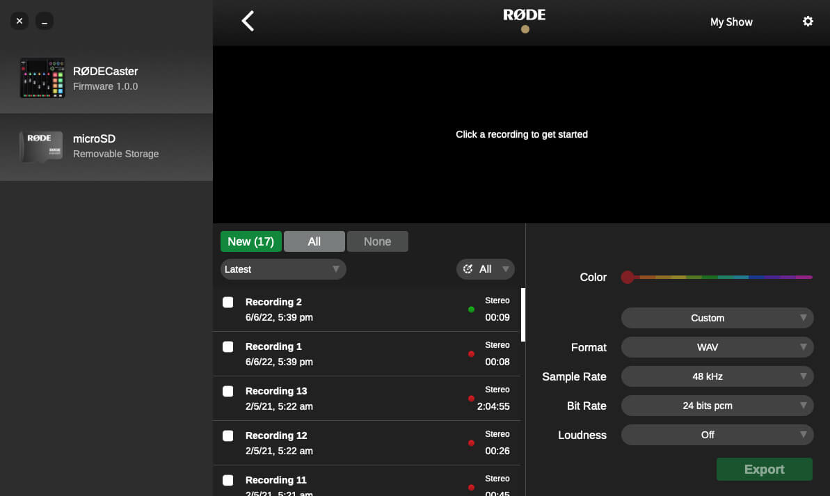 RØDECaster Pro II recording export screen on RØDE Central