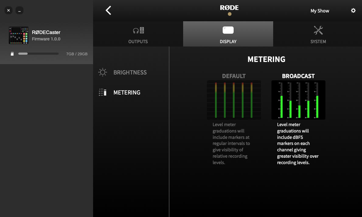 RØDECaster Pro II display settings on RØDE Central screen