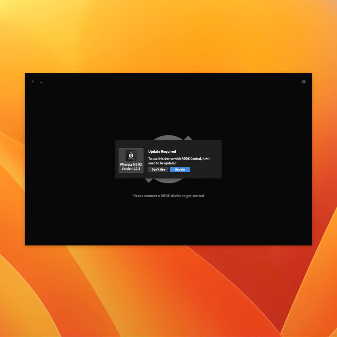 RØDE Central showing firmware update available for Wireless ME
