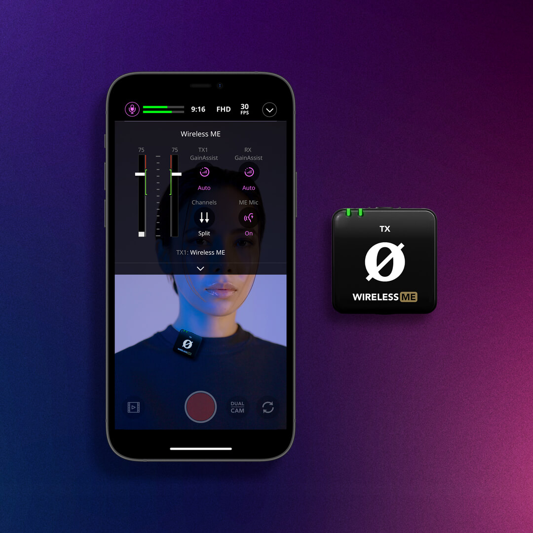 Wireless ME TX next to mobile phone showing RØDE Capture on violet chrome background