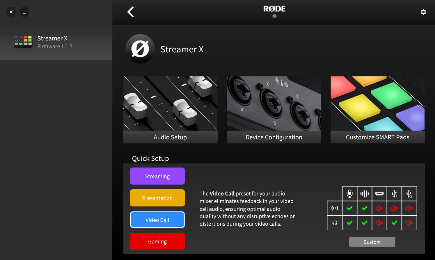 Audio setup for Streamer X in RØDE Central