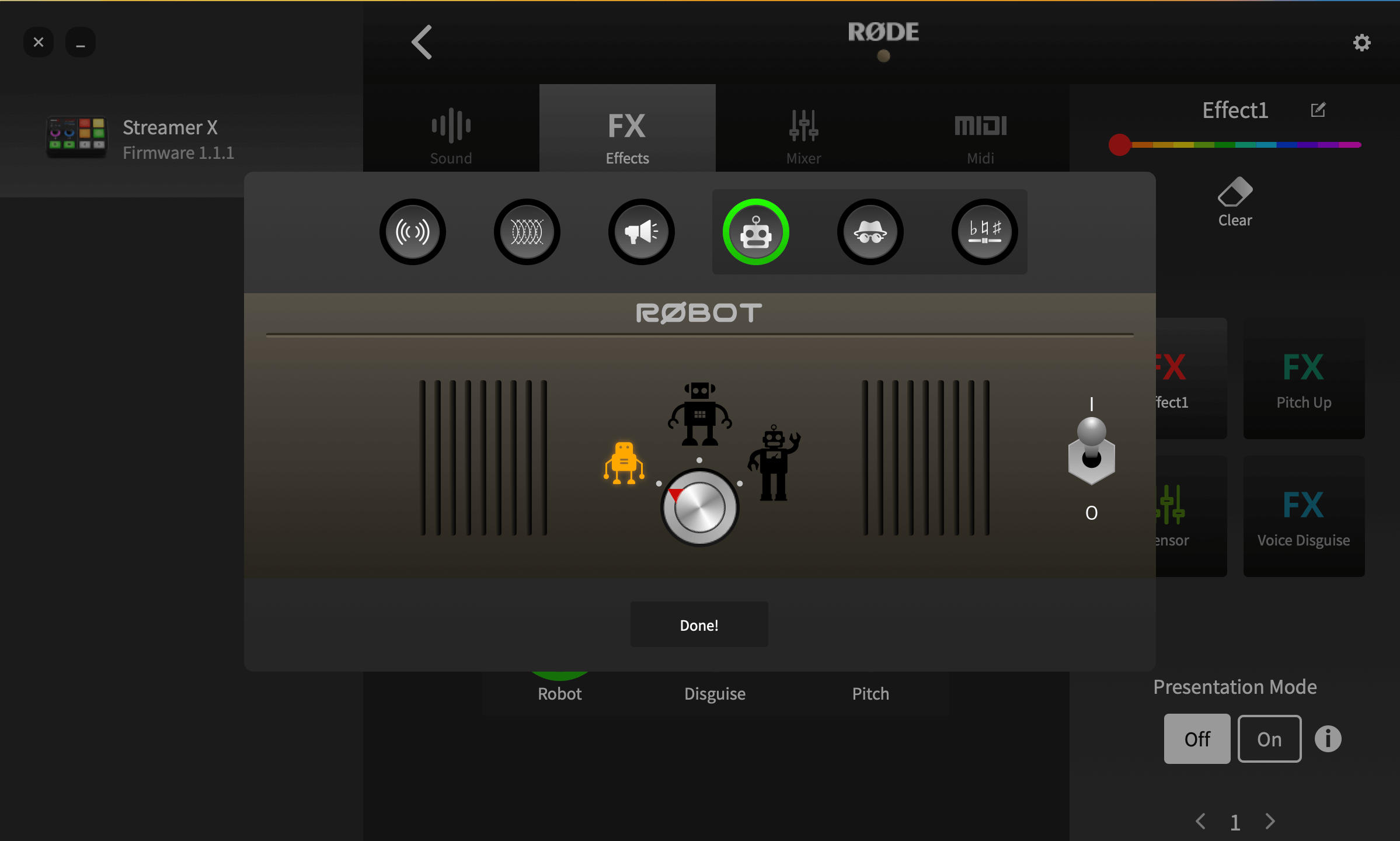 RØDE Central showing Streamer X robot setting