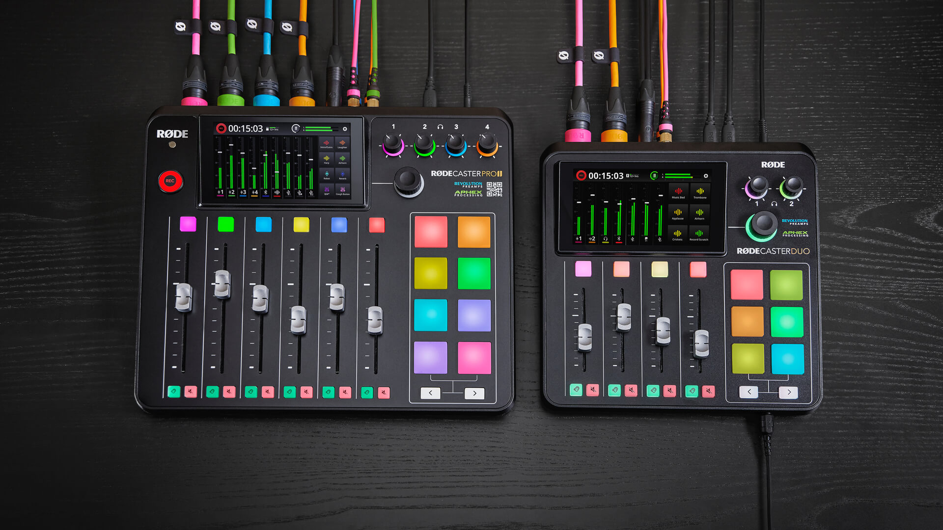 RØDECaster Pro II next to RØDECaster Duo