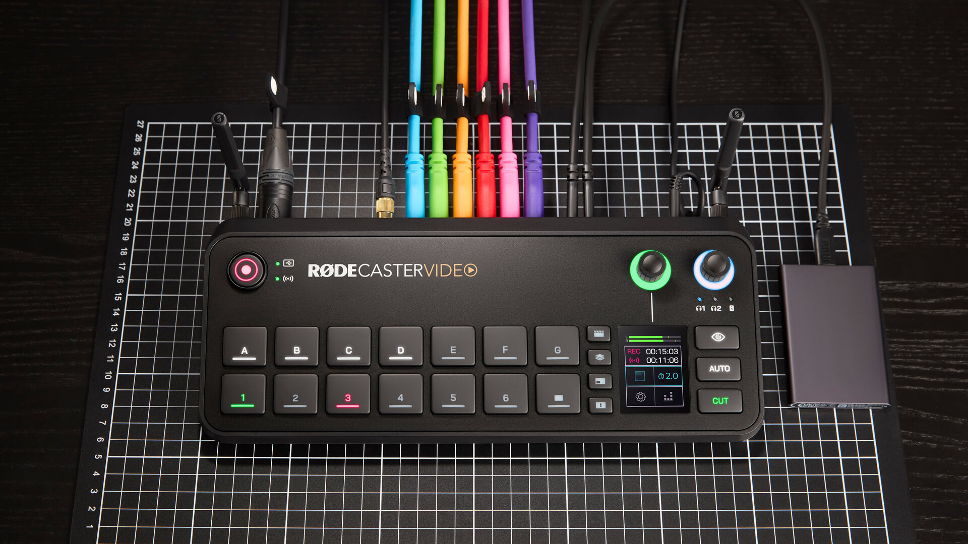 RØDECaster Video with colour HDMI cables connected