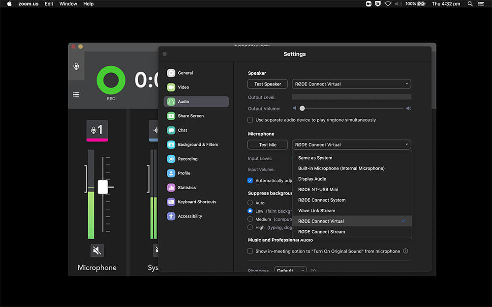 Zoom audio settings with RØDE Connect Virtual selected
