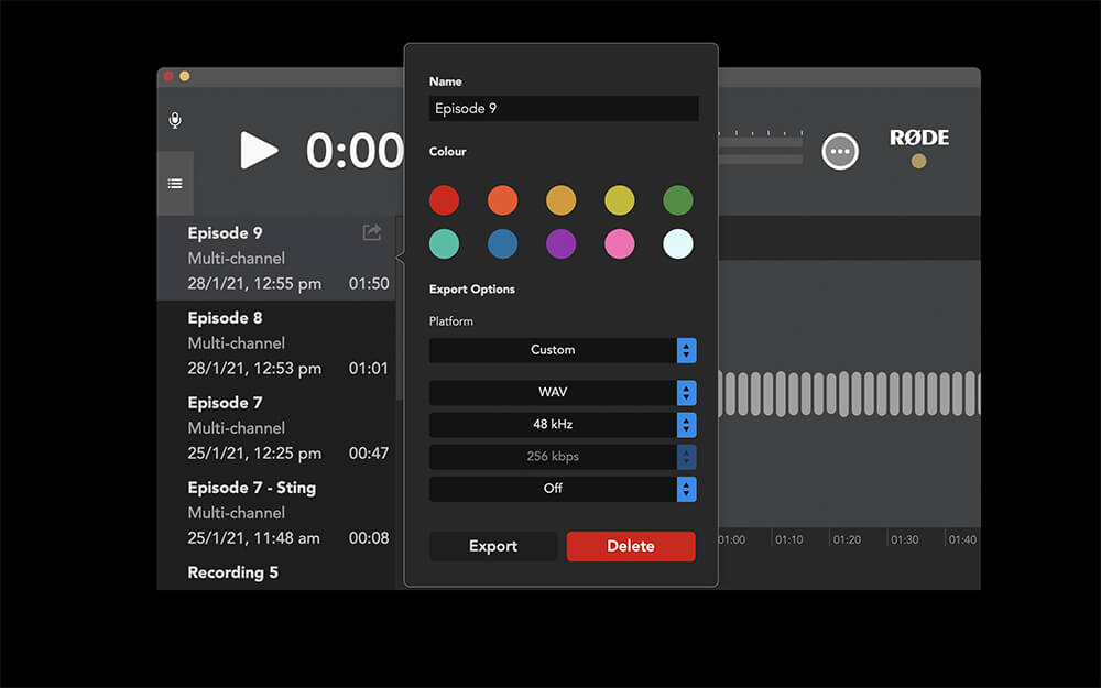 RØDE Connect export options