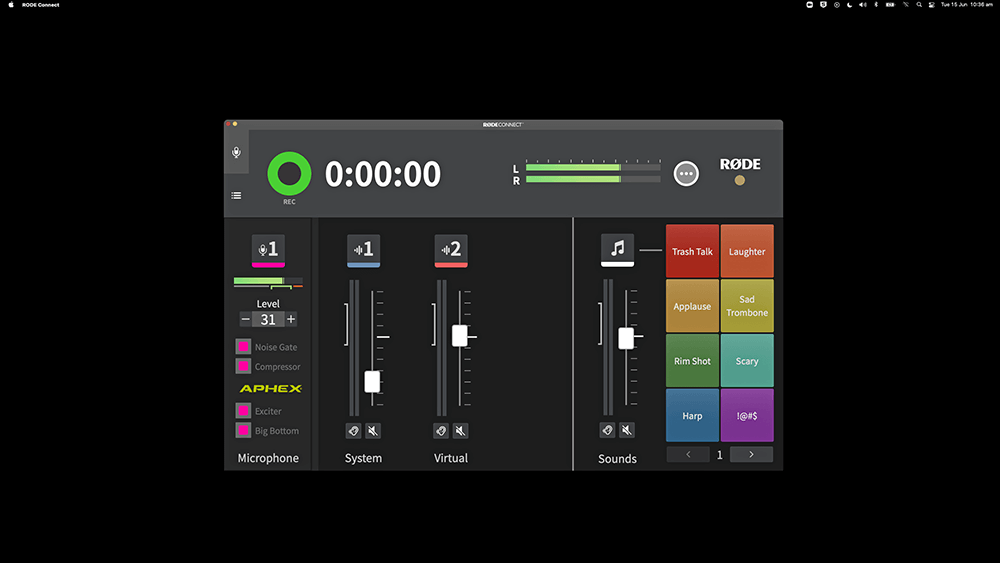 Microphone levels and APHEX processing showing on RØDE Connect